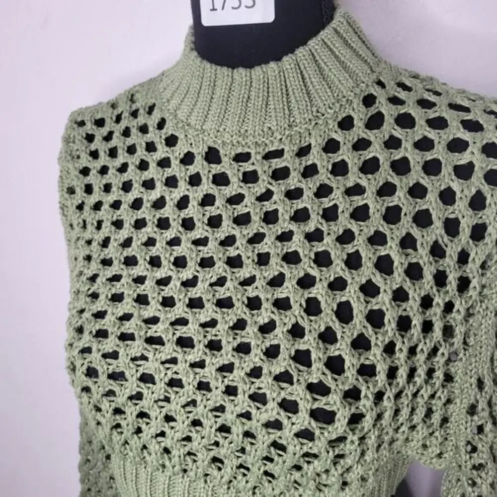 Cropped‎ Sweater Fish Knit Size Large Olive Green Cover Up Crochet Club
